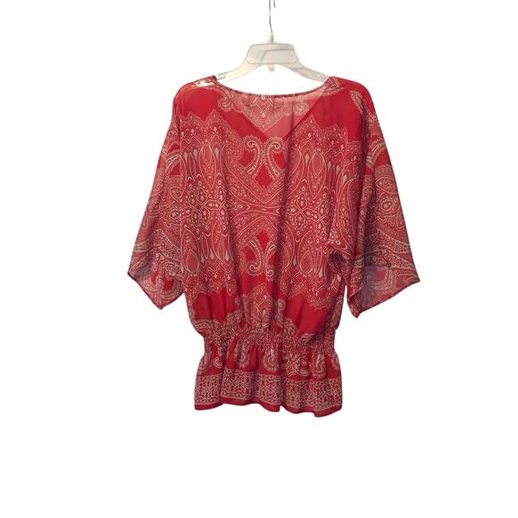 Chico’s Red Paisley Sheer Blouse Kimono Sleeve Cinched Waist size small - Picture 5 of 6